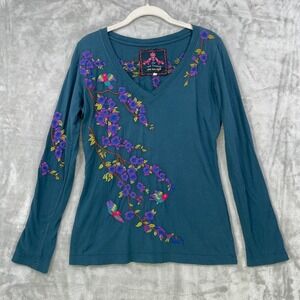 Johnny Was Teal Long Sleeve V-Neck Tee with Purple Floral Embroidery